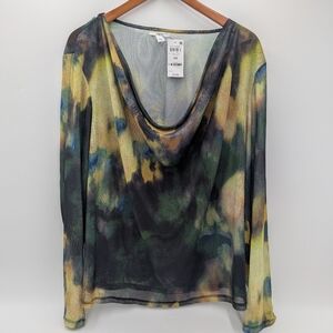 Bar III Women's Sheer Top 4X Camo Whimsygoth Grunge Stretch Knit Cowl Neck Mesh